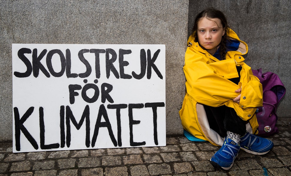 Грета Тунберг с плакатом с надписью «Школьная забастовка за климат» у здания шведского парламента в Стокгольме 2018