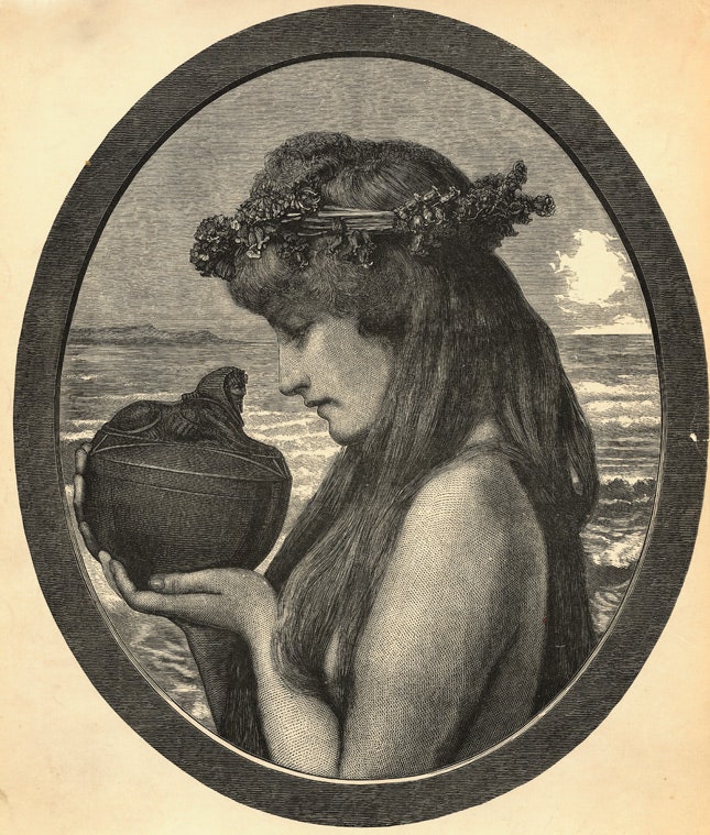 Pandora standing by the sea about to open her box. H. Linton
