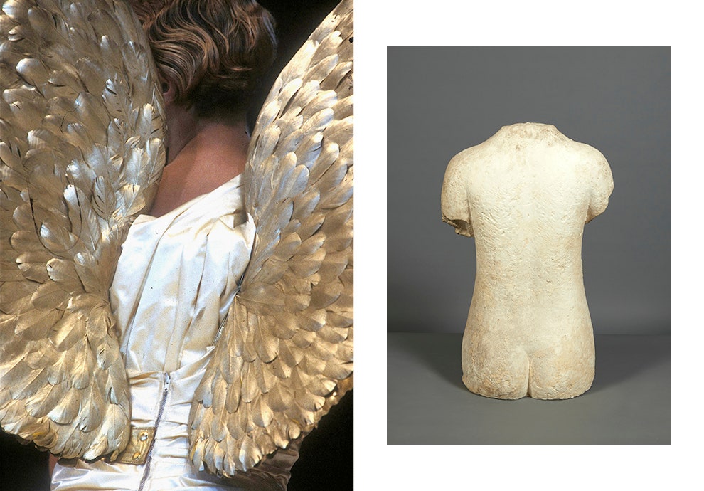 Крылья и платье Thierry Mugler осеньзима 1984 на снимке Ги Марино Антуан Бурдель гипсовая скульптура Pallas 1901