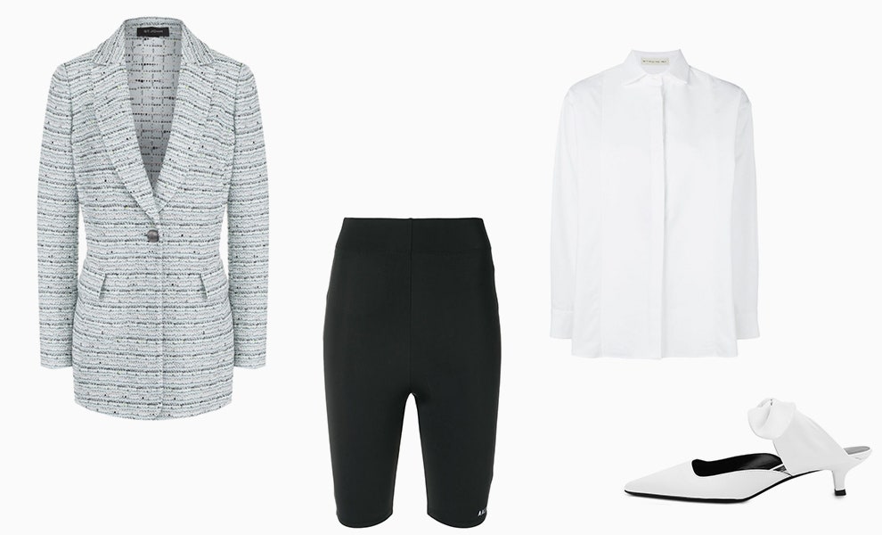 Пиджак St. John 162500 рублей tsum.ru велосипедки Aalto 12850 рублей farfetch.com рубашка Etro 27728 рублей farfetch.com...