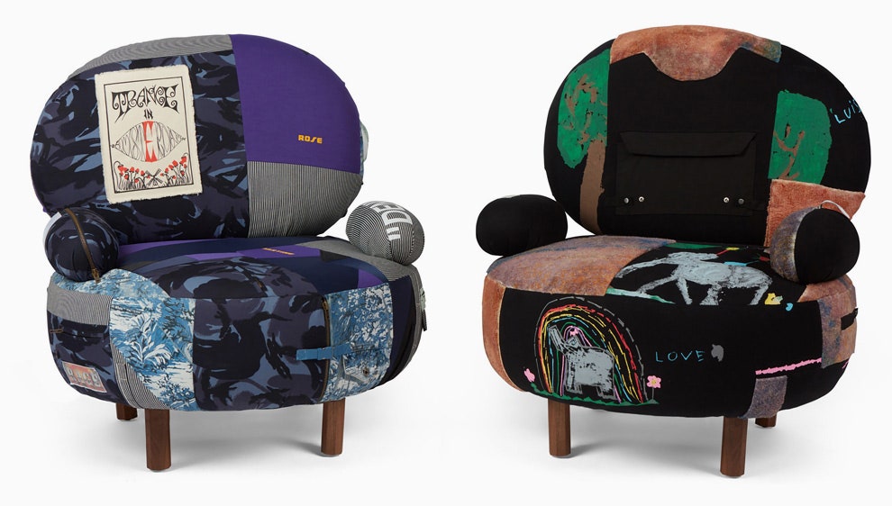 Кресла обитые одеждой модных брендов фото мебели от Даррена Романелли
