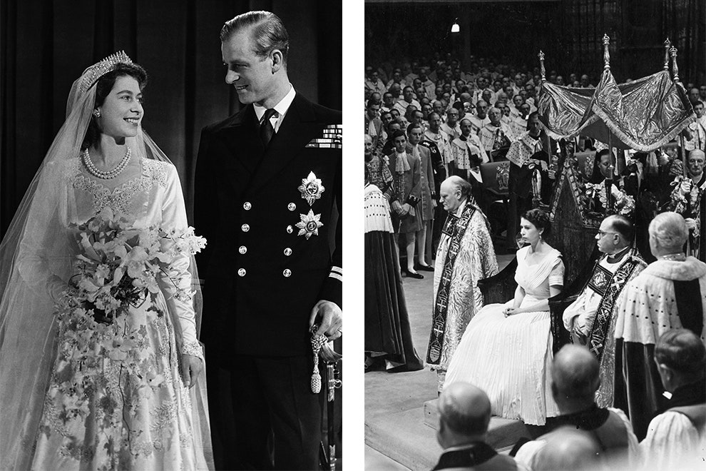 Принцесса Елизавета и Филипп герцог Эдинбургский на свадьбе 1947 королева Елизавета II на церемонии коронации 1953