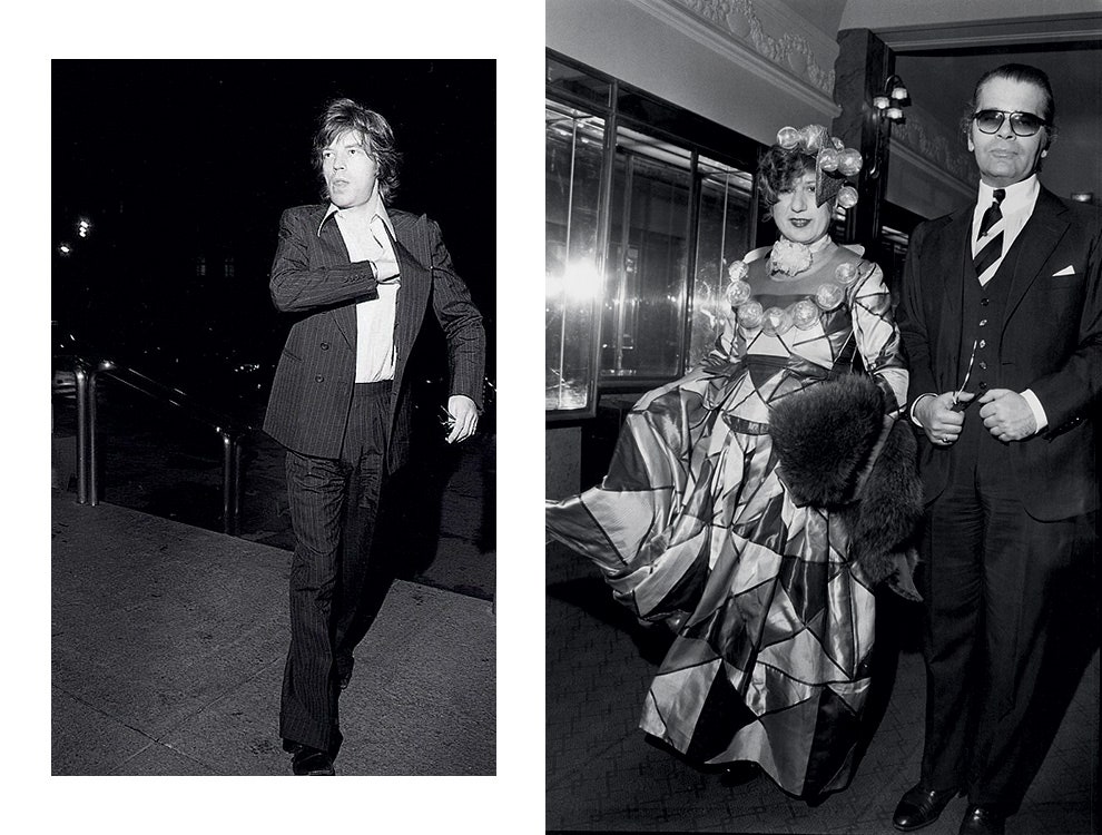 Мик Джаггер на Met Gala 1974. Редактор Vogue Анна Пьяджи и Карл Лагерфельд Париж 1980е