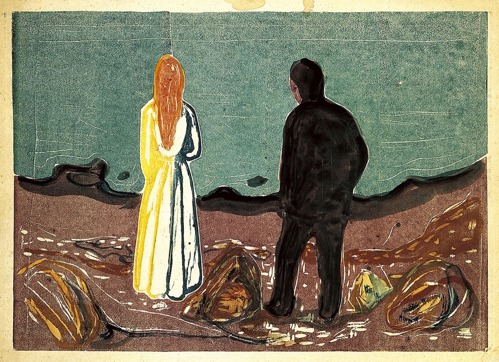 Эдвард Мунк. «Одинокие» 1899. Цветная гравюра на дереве доработанная вручную гуашью