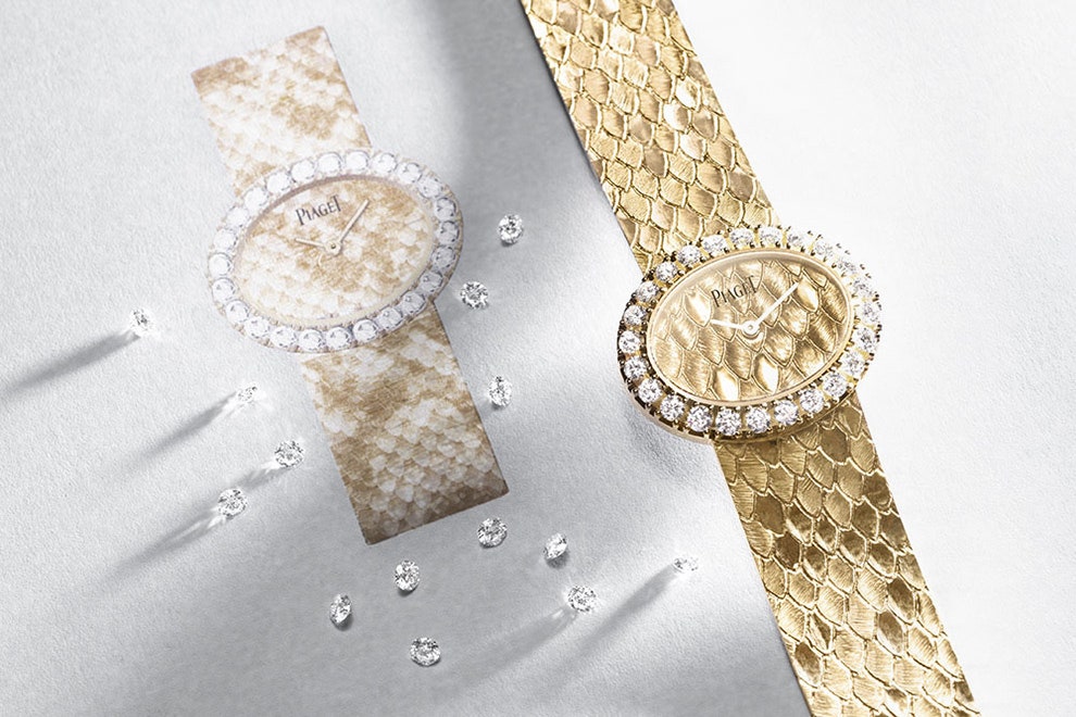 Часы Piaget с золотым браслетом под змеиную кожу фото