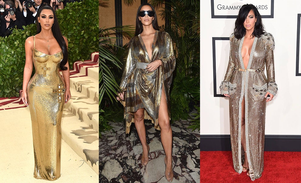 Ким Кардашьян в Versace на Met Gala 2018 в Balmain на вечеринке Balmain 2017 в Jean Paul Gaultier на премии Grammy 2015