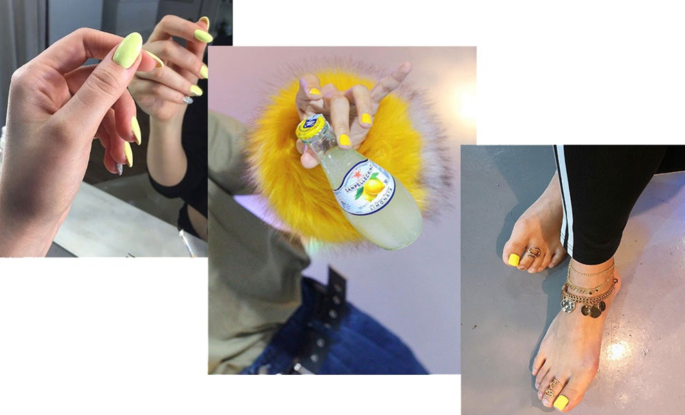 Желтый маникюр и педикюр модный цвет лета на ногтях