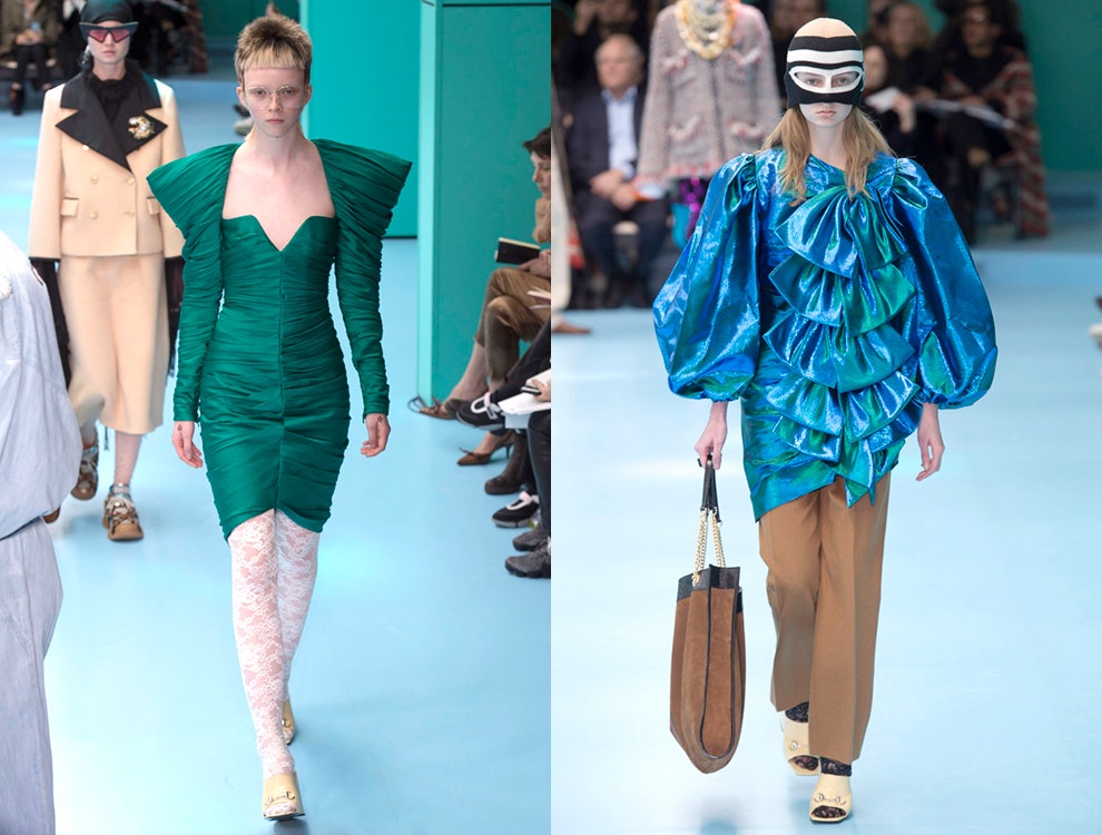 Модное сочетание синего и зеленого стильные образы на фото с показов домов мод