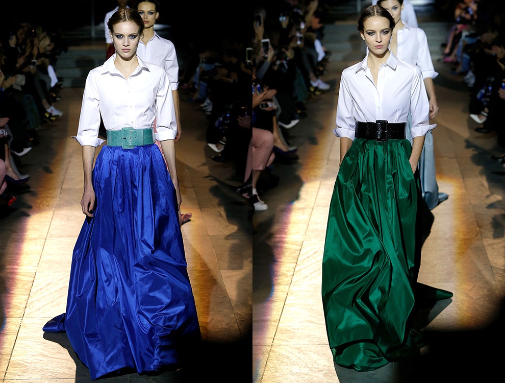 Модное сочетание синего и зеленого стильные образы на фото с показов домов мод