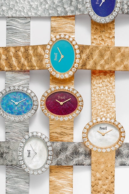 Часы Piaget Extremely Lady золотые браслеты с гравировкой и циферблаты с самоцветами и перламутром