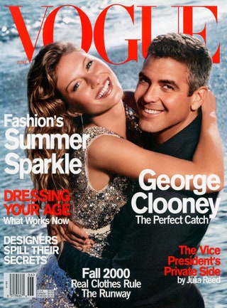 Жизель Бюндхен и Джордж Клуни на обложке Vogue US в июне 2000 года.
