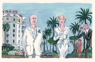 Кристиан Диор на прогулке с Марлен Дитрих. Иллюстратор ЖанФилипп Деломм.