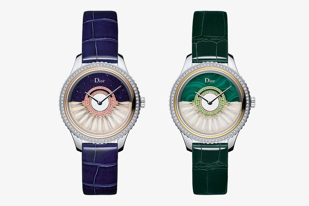 Часы Dior Grand Bal с перьями и самоцветами синие с авантюрином и зеленые с малахитом