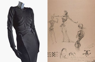 Платье «Скелет» из коллекции «Цирк» 1938 года. Его эскиз для Эльзы Скиапарелли нарисовал Сальвадор Дали.