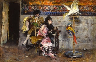 Джованни Больдини «Пара в испанских одеждах с двумя попугаями» около 1873.