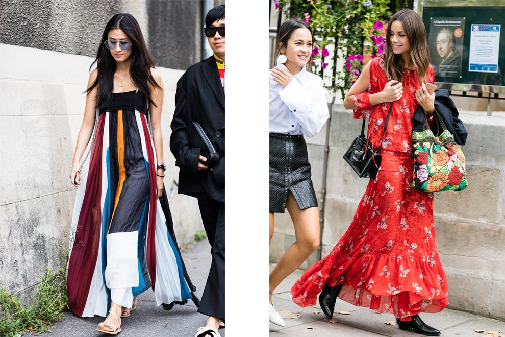 Как носить летние длинные платья наряды макси на стритстайл фото из Парижа Лондона и Милана