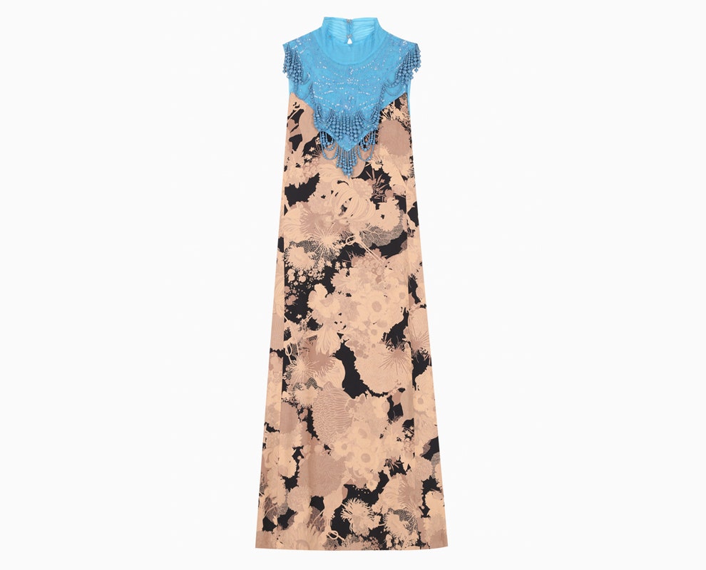 Платье Dries Van Noten из осенней коллекции с голубой манишкой расшитой бусинами