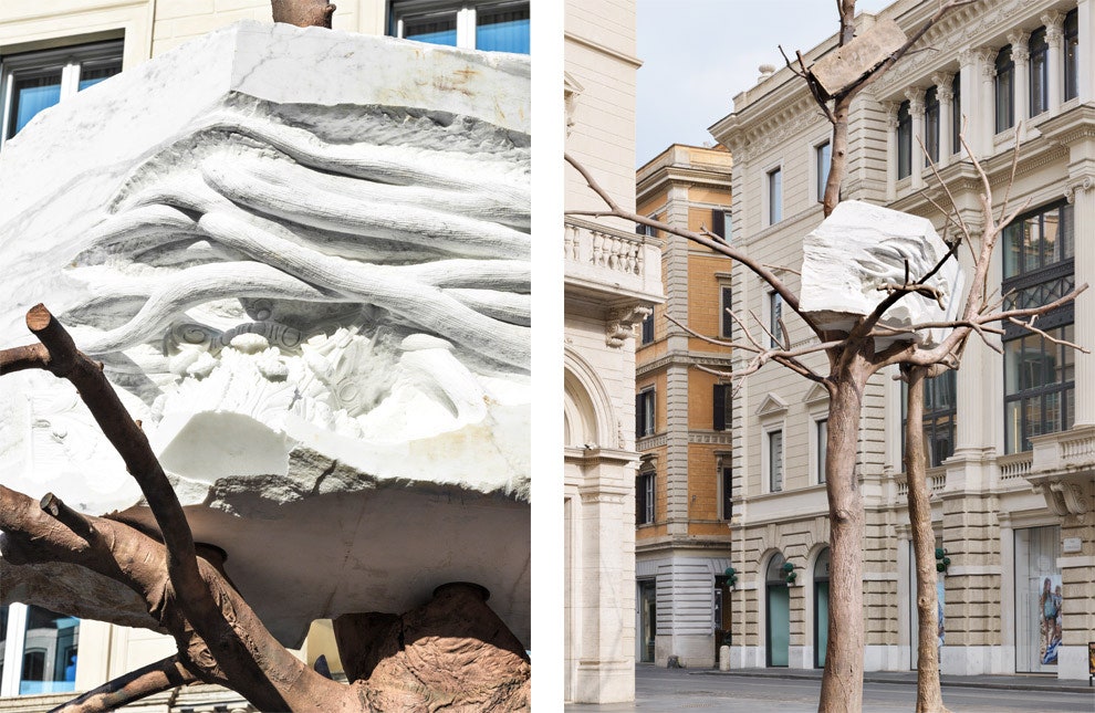 Мраморный валун Джузеппе Пеноне для Fendi скульптура «Листья камня» перед бутиком
