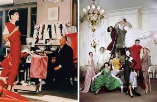 Кристиан Диор с моделью Лаки на примерке 1956. Модели в главном офисе Дома Dior на авеню Монтень 1957.
