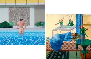 «Питер вылезает из бассейна Ника» 1966. «Модель и незаконченный автопортрет» 1977.