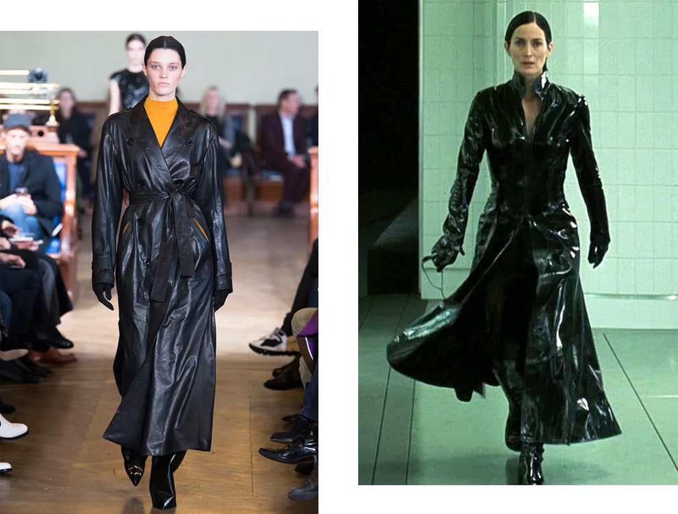 В моде образ Тринити из «Матрицы» черные кожаные плащи и темные очки с показов | Vogue