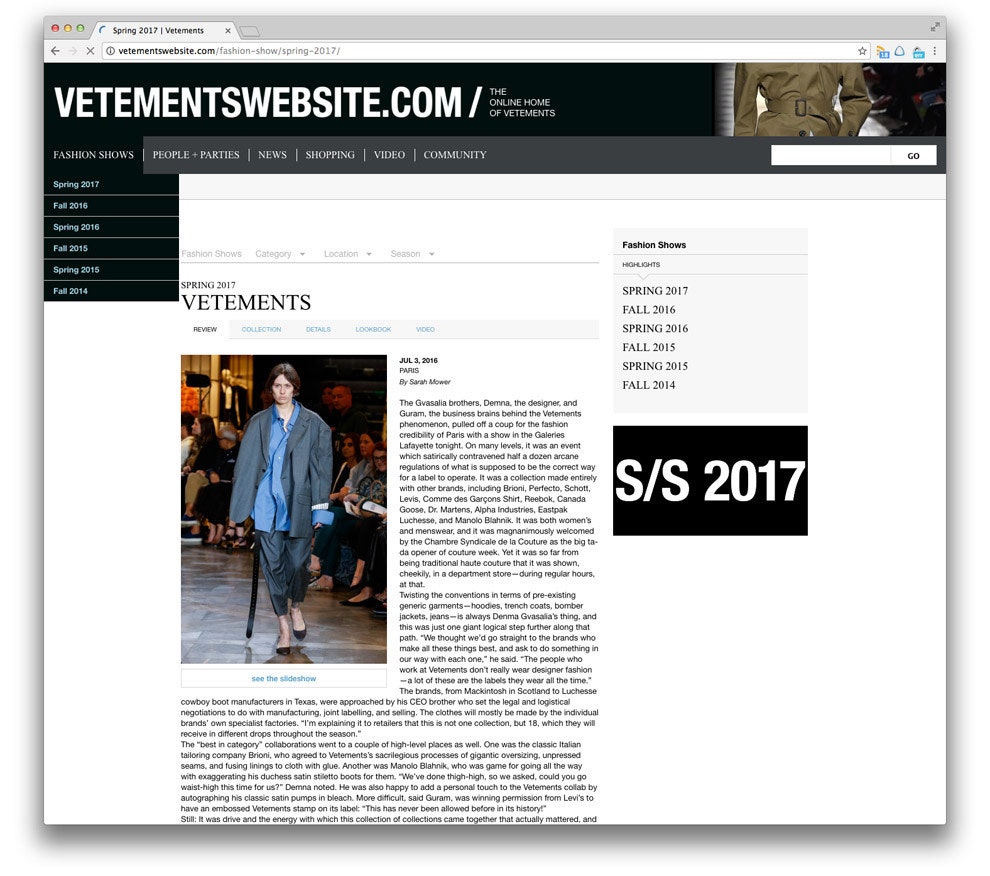 Vetements перезапустили сайт в облике культового Style.com а вместе с ним и свою первую коллекцию