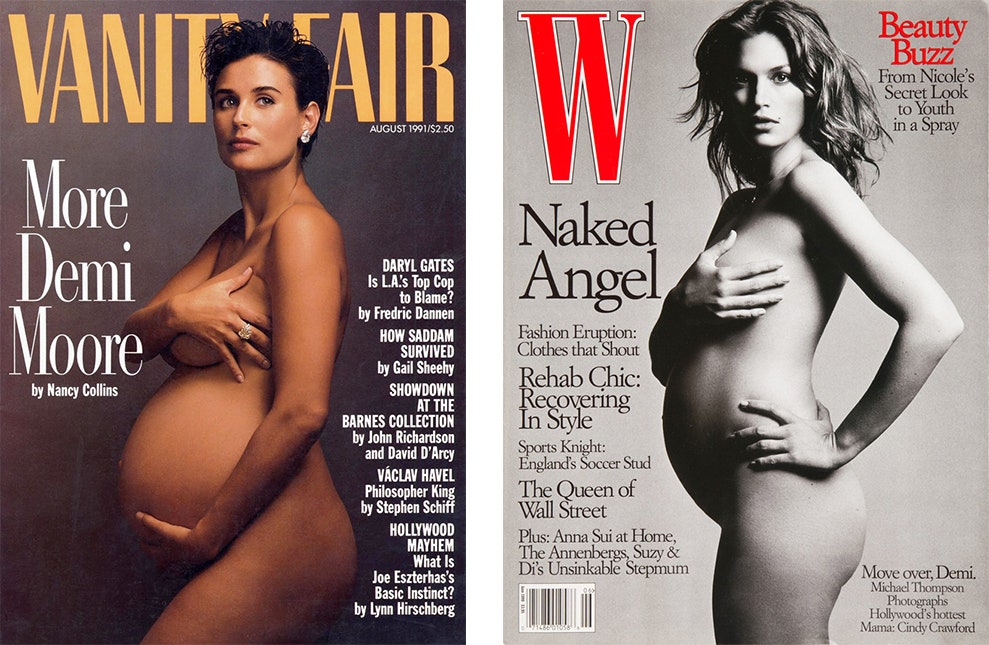 Беременная Деми Мур на обложке Vanity Fair август 1991 Беременная Синди Кроуфорд на обложке W июнь 1999