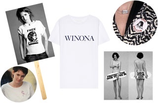 Вайнона Райдер в футболке Free Winona на обложке W Magazine 2002 Вайнона Райдер с ленточкой во время поисков пропавшей в...