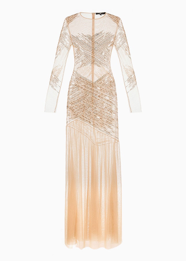 Платье Elisabetta Franchi длиной в пол из прозрачного гипюра телесного цвета с пайетками | Vogue
