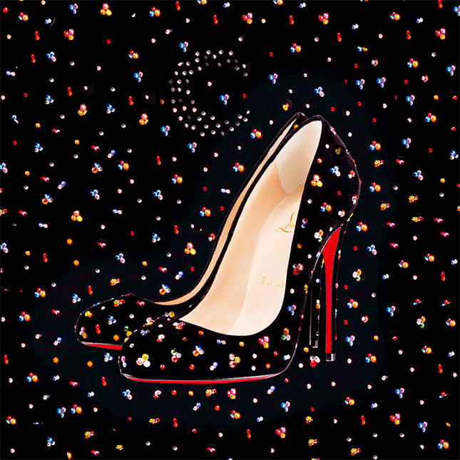 Коллекция Claire du Lune Christian Louboutin обувь из черной замши с разноцветными стразами | Vogue