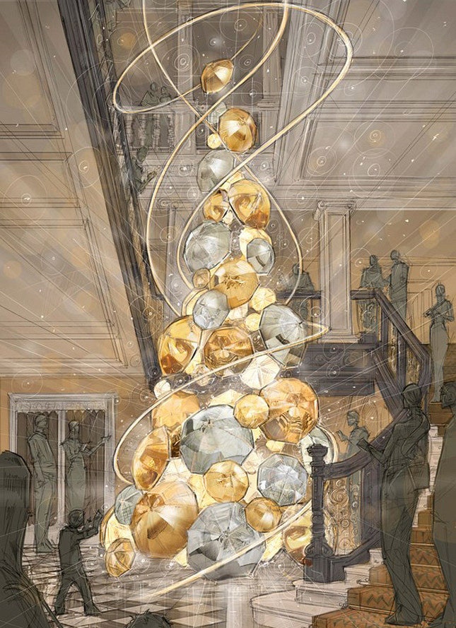 Рождественская елка Burberry из золотых и серебряных зонтиков