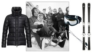 Джеки Кеннеди. Пуховик из кожи Moncler 2295 euro лыжи и палки Chanel цена по запросу.