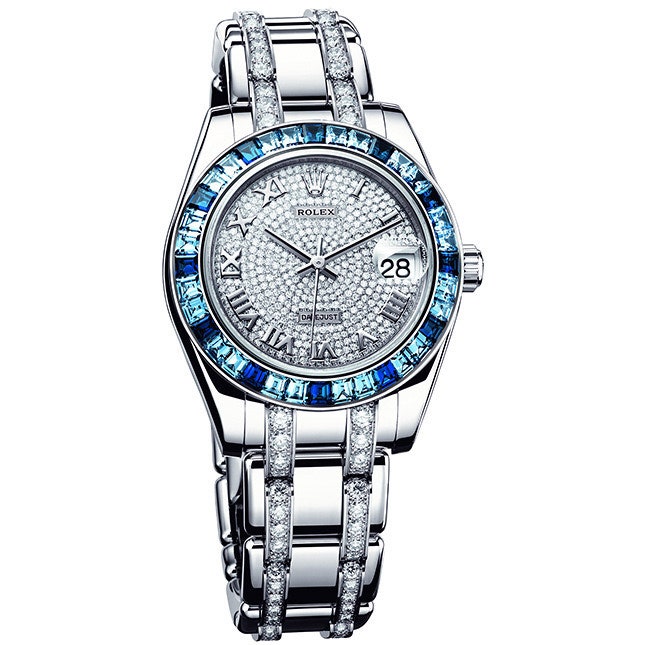 Часы Rolex Oyster Perpetual Datejust Pearlmaster 34 с бриллиантами и сапфирами | Vogue