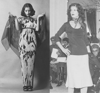 Слева — кадр из лукбука справа — модель на показе Yves Saint Laurent Haute Couture весналето 1971.