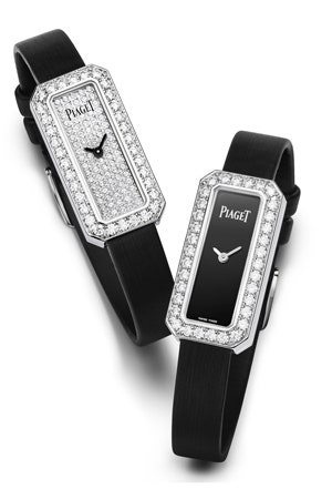 Часы Piaget Limelight Diamonds с бриллиантовым циферблатом на черном атласном ремешке | Vogue