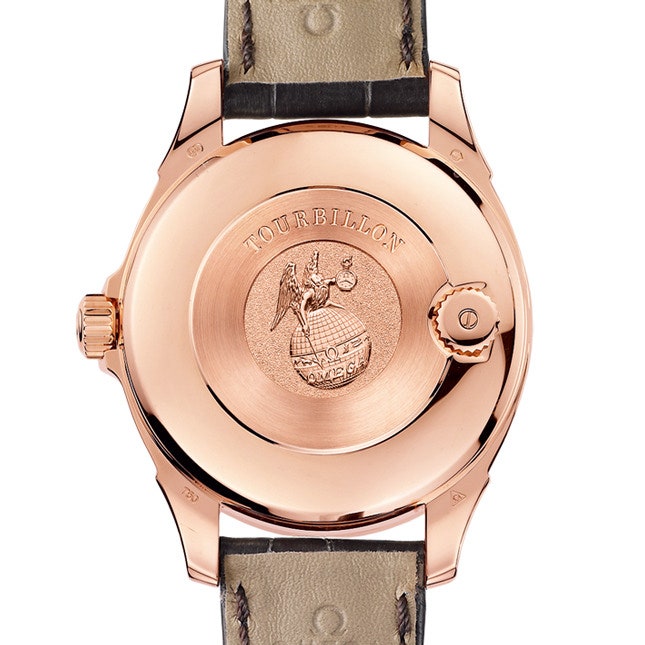 Часы Omega De Ville Central Tourbillon из розового золота с бриллиантами багетной огранки | Vogue