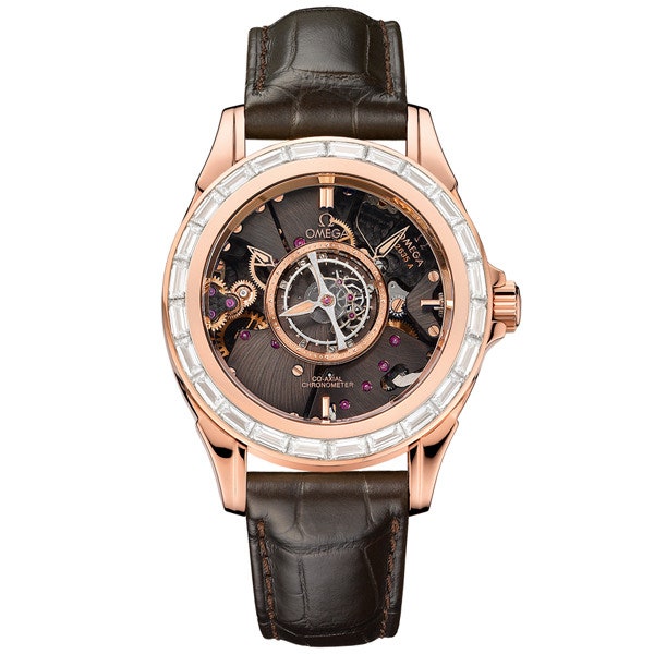 Часы Omega De Ville Central Tourbillon из розового золота с бриллиантами багетной огранки | Vogue