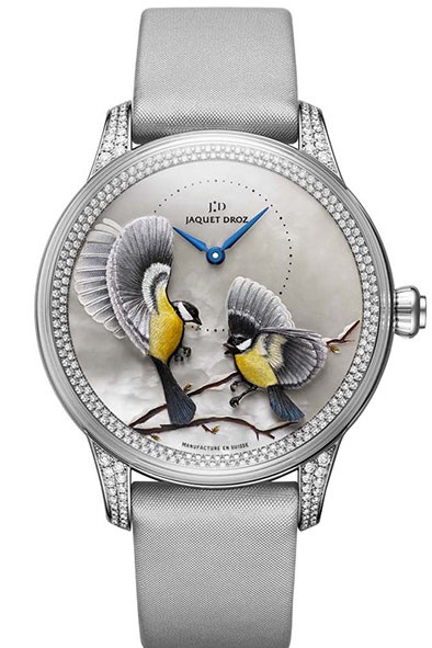Часы Jaquet Droz Petite Heure Minute Relief Saisons с двумя синицами на циферблате | Vogue