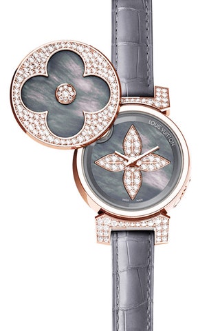 Louis Vuitton Horlogerie часы Tambour Bijou Secret розовое золото бриллианты полинезийский перламутр ремешок из кожи...