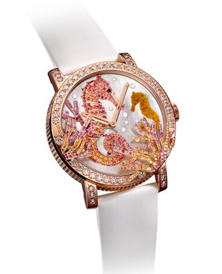 Часы Crazy Jungle Seahorse из розового золота с бриллиантами гранатами сапфирами ониксом и перламутром Boucheron.