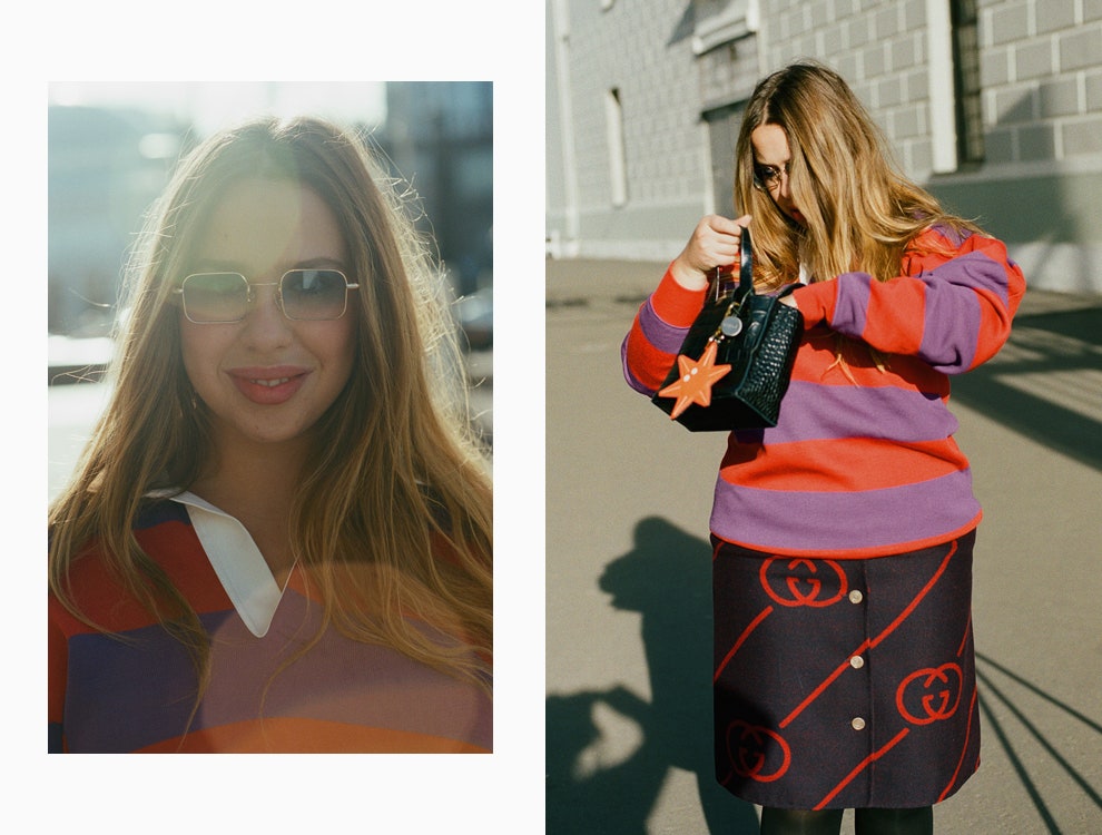 Лиза Аминова в свитере Marc Jacobs юбке Gucci винтажных очках с сумкой Furla и брелоком Loewe
