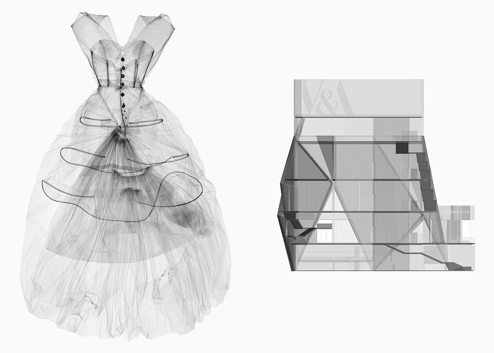 Платье по эскизу Кристобаля Баленсиаги 1955 года в рентгеновских лучах на снимке Ника Визи 2016 эскиз музея VampA East в...