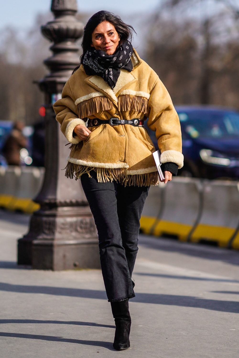 PARIS FRANCE  FEBRUARY 28  Emmanuelle Alt wears a coat with fringes during Paris Fashion Week Womenswear FallWinter...