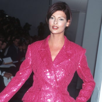 Linda Evangelista during Fall Fashion Week  Fashions by Isaac Mizrahi  April 6 1995 at Bryant Park in New York City New...
