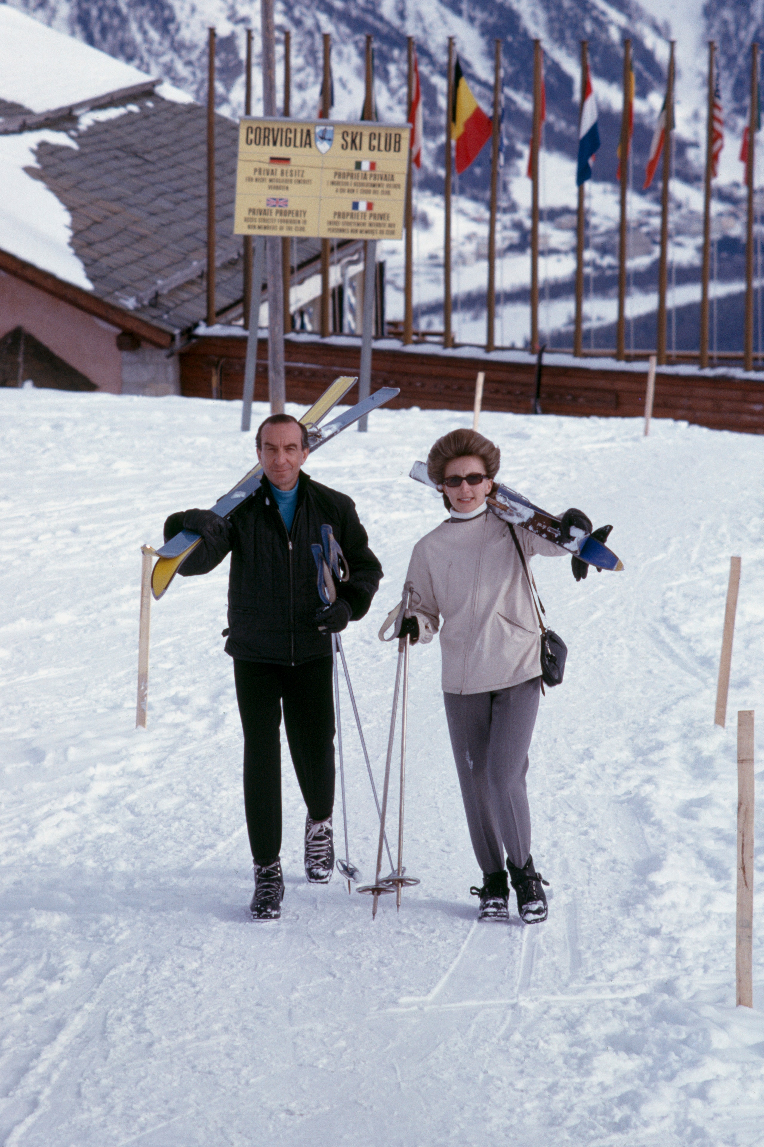 Skiers at the Corviglia Ski Club in St Moritz Switzerland March 1963.
