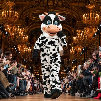 PARIS FRANCE  MARCH 02  A model dressed as cow walks the runway during the Stella McCartney as part of the Paris Fashion...
