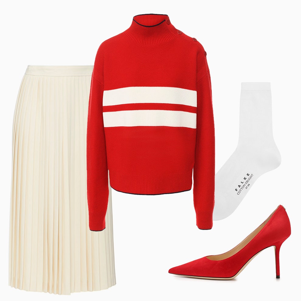 Юбка Prada 1400 prada.com свитер Loro Piana 185000 рублей tsum.ru носки Falke 1500 рублей tsum.ru туфли Jimmy Choo 42300...