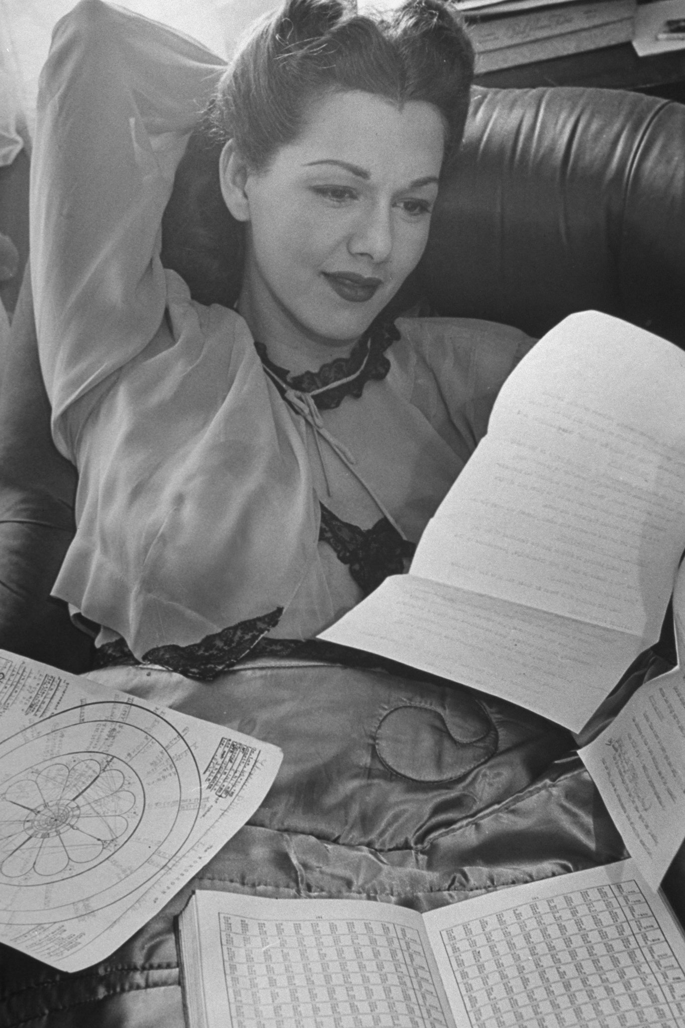 Circa 1946 Maria Montez studying her horoscope.