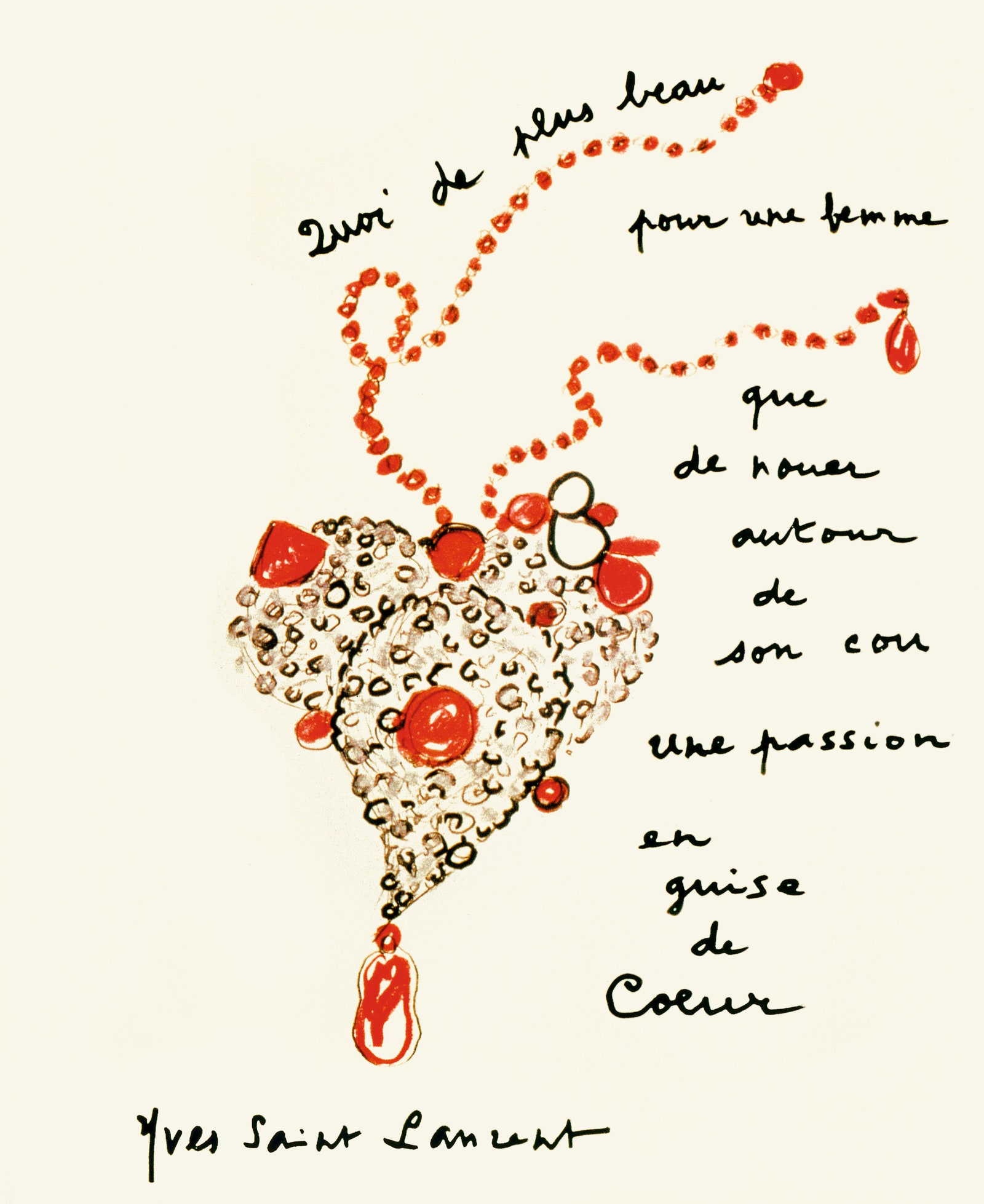 Рисунок Ива СенЛорана для подвески в форме сердца инкрустированной искусственными драгоценными камнями и символизирующей...