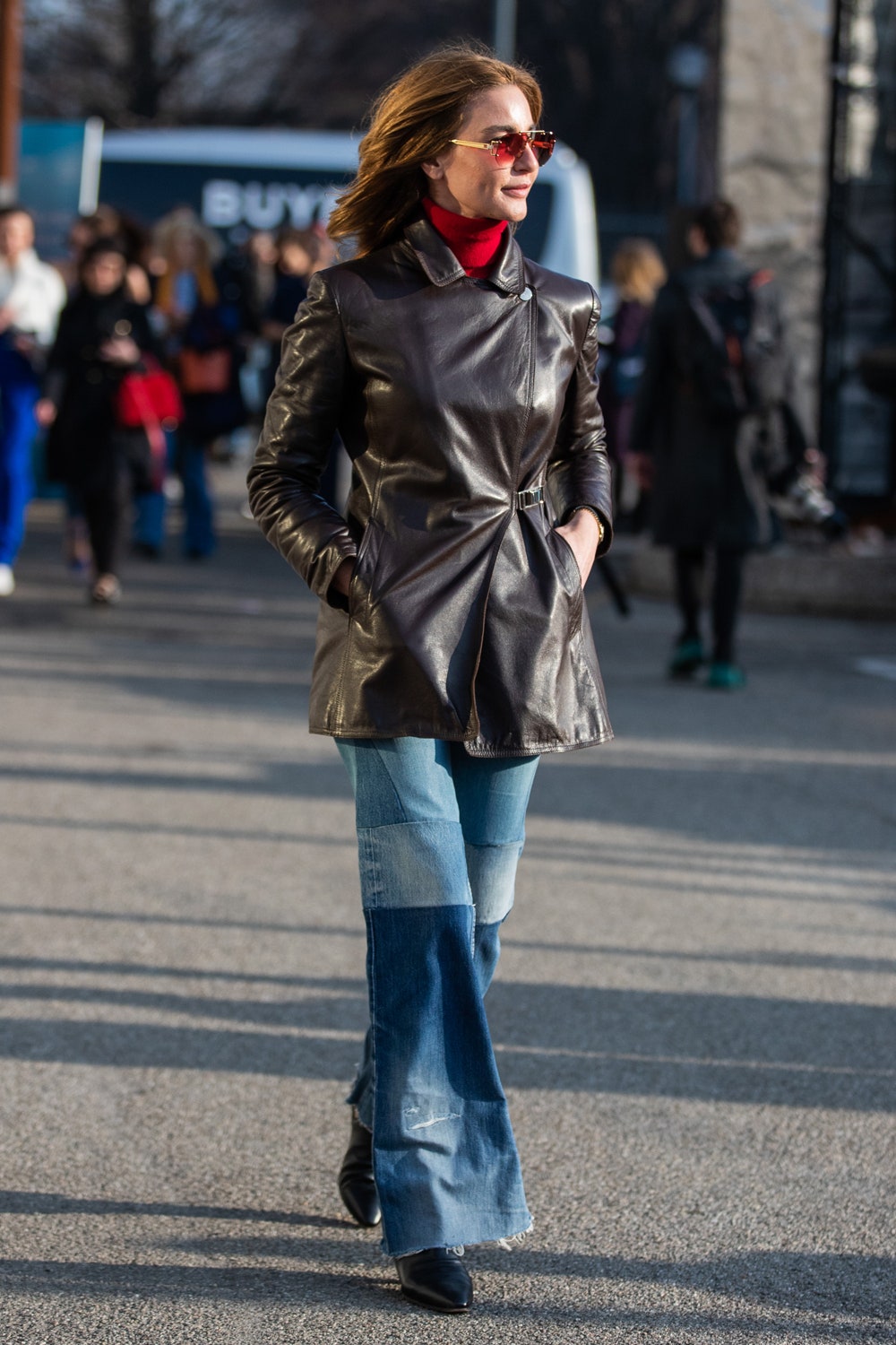 MILAN ITALY  FEBRUARY 19 Ece Sukan is seen wearing brown jacket two tone denim jeans outside Alberta Ferretti during...